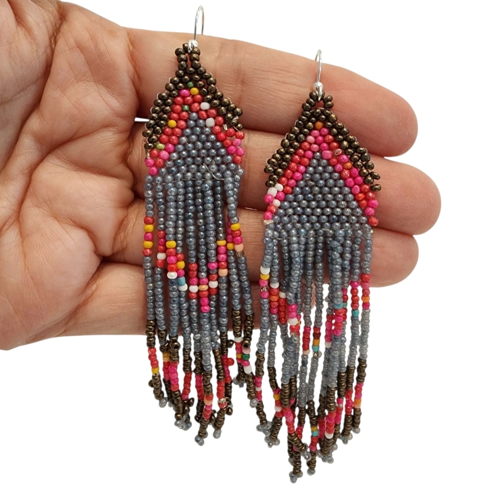 Boho earrings 925 sterling silver handmade artisan dangle intricate beading